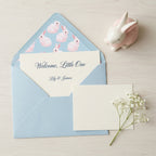 Watercolor bunny baby shower card with blue envelope and pink rabbit liner by Wrapped Studios.
