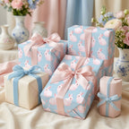 Pastel blue rabbit wrapping paper with pink bows for baby shower or Easter gifts, by Wrapped Studios.