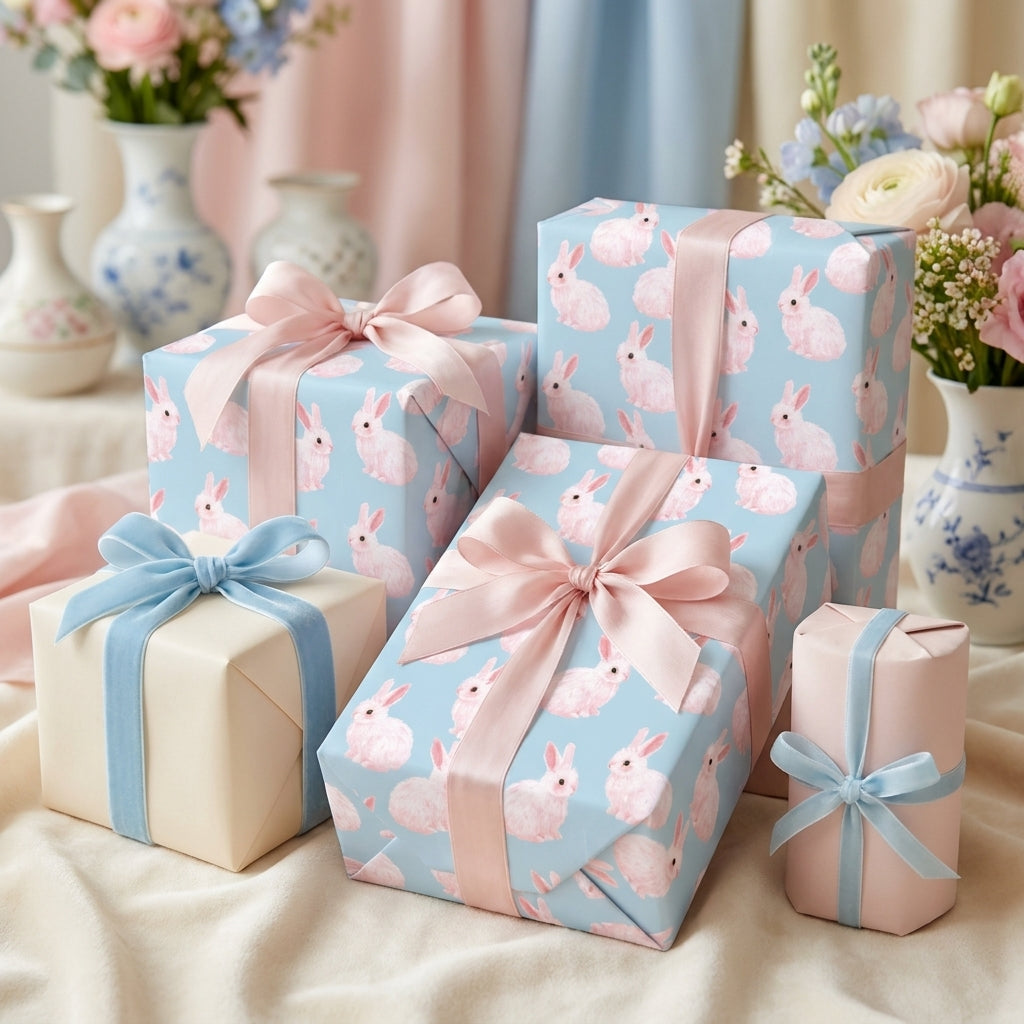 Pastel blue rabbit wrapping paper with pink bows for baby shower or Easter gifts, by Wrapped Studios.