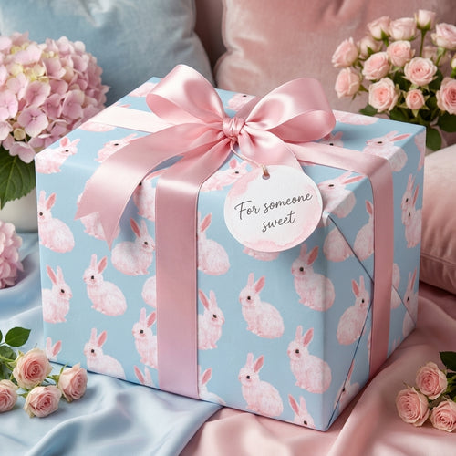 Cute pink and blue bunny wrapping paper on a baby shower gift with a satin bow by Wrapped Studios.