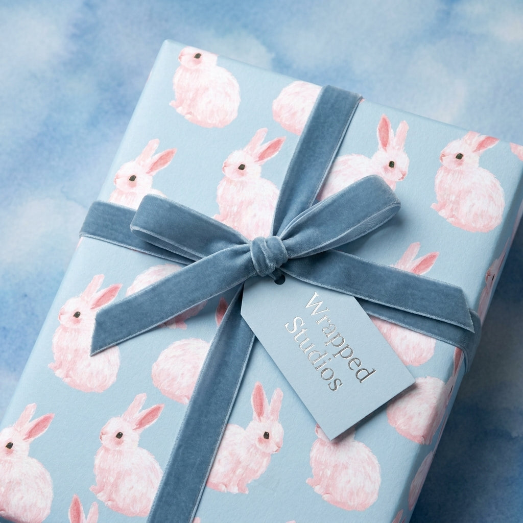 Pink bunny wrapping paper by Wrapped Studios, tied with a blue velvet ribbon for Easter and baby shower gifts.