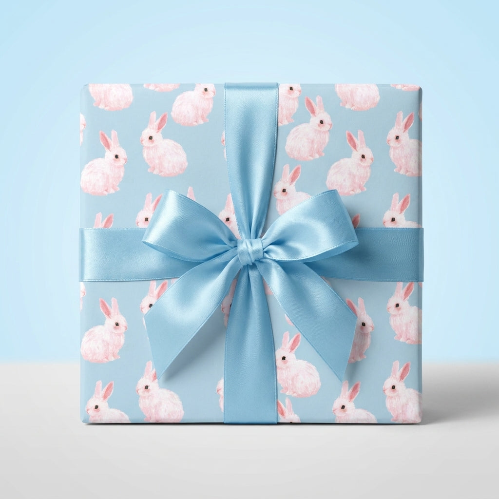 Pink bunny baby shower wrapping paper with a blue satin ribbon by Wrapped Studios.