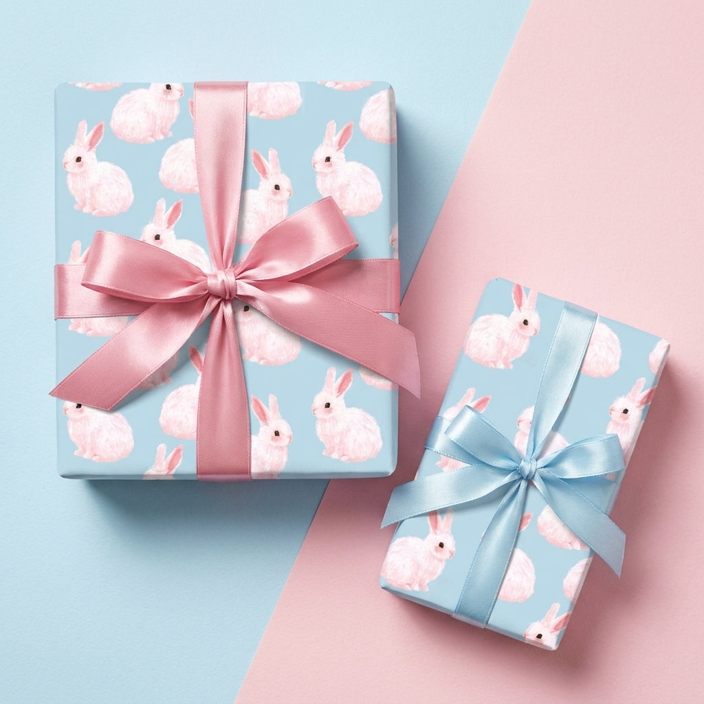 Pastel blue bunny wrapping paper with pink rabbit print and satin bows by Wrapped Studios.