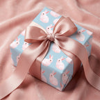 Cute bunny wrapping paper with a pink satin bow for baby shower, by Wrapped Studios.
