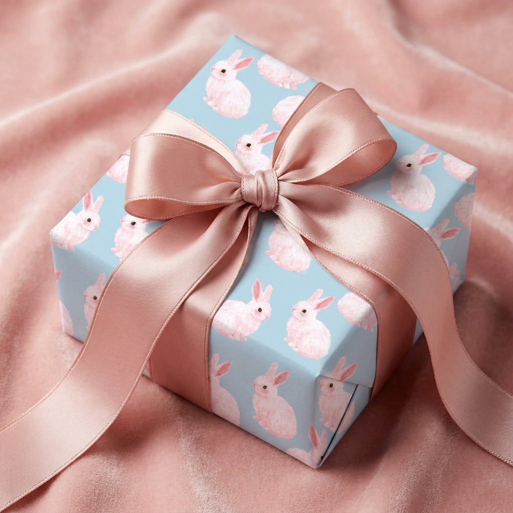 Cute bunny wrapping paper with a pink satin bow for baby shower, by Wrapped Studios.