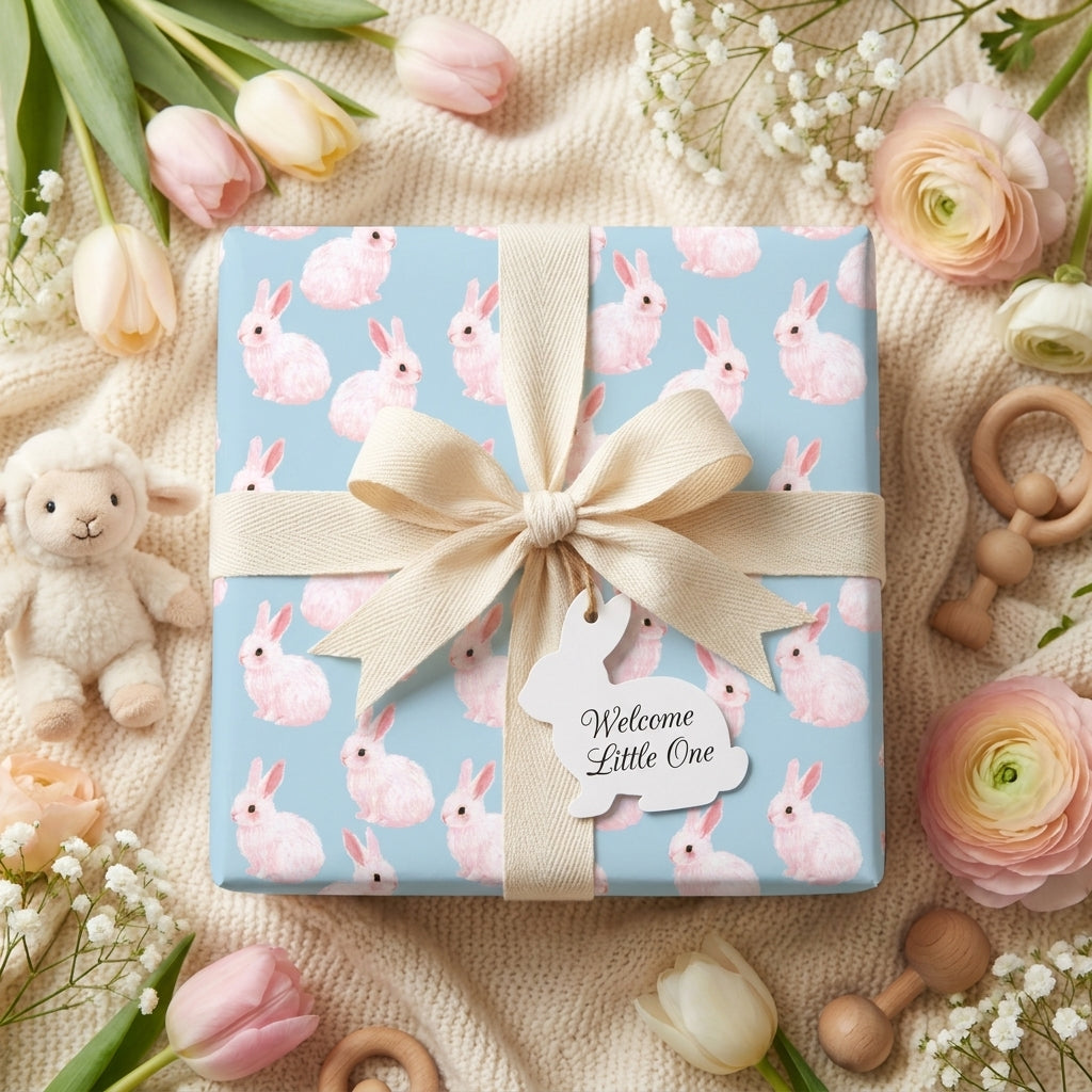 Pastel bunny baby shower wrapping paper with a cream ribbon bow by Wrapped Studios.