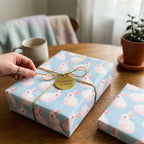 Pastel blue bunny wrapping paper with gold string for Easter or baby shower gifts by Wrapped Studios.
