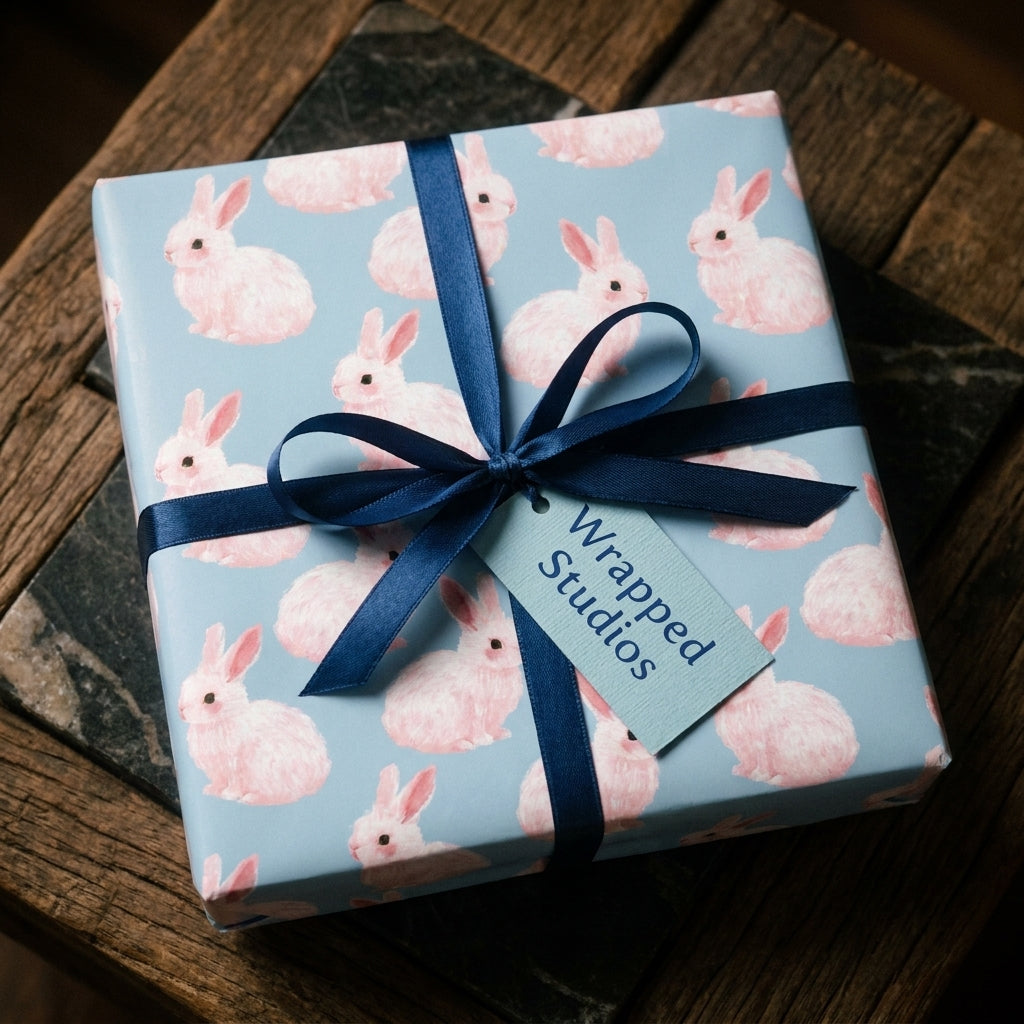 Cute pink bunny wrapping paper by Wrapped Studios for Easter or baby shower gifts, tied with a navy bow.