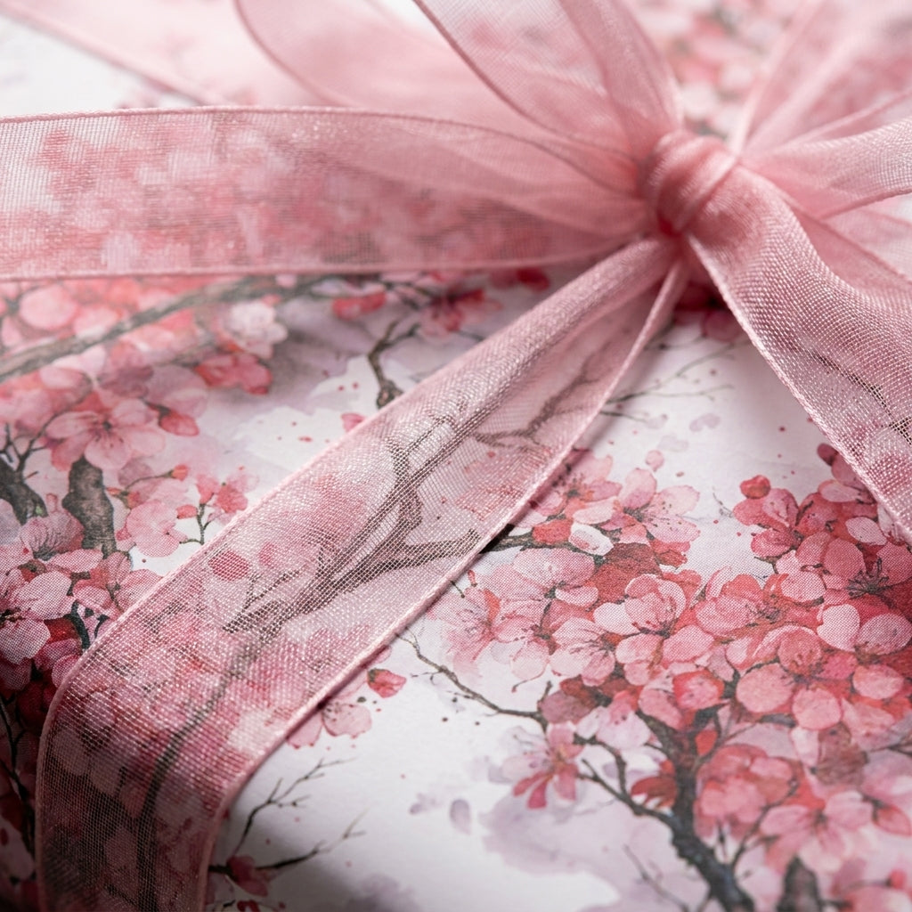 Elegant cherry blossom wrapping paper with a pink sheer ribbon bow, luxury floral gift wrap by Wrapped Studios.