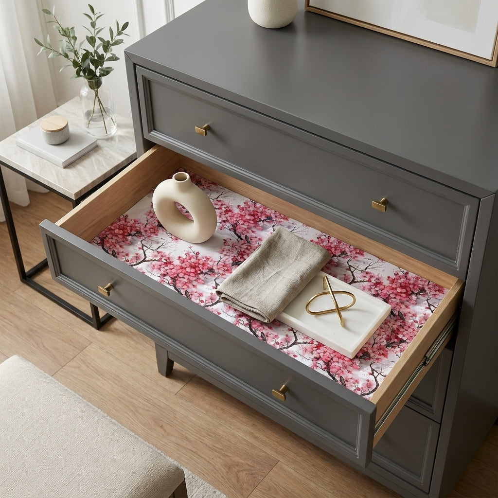 Pink cherry blossom wrapping paper used as a drawer liner in a grey dresser by Wrapped Studios.