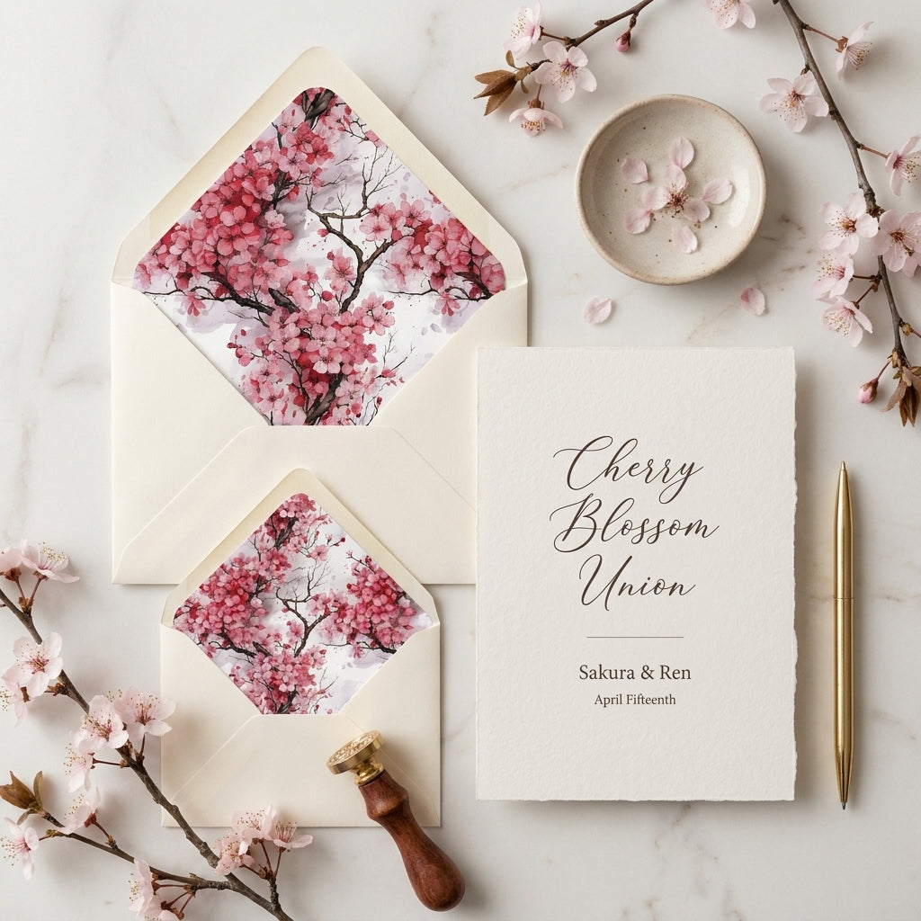 Cherry blossom wedding invitation and pink floral envelope liners by Wrapped Studios.