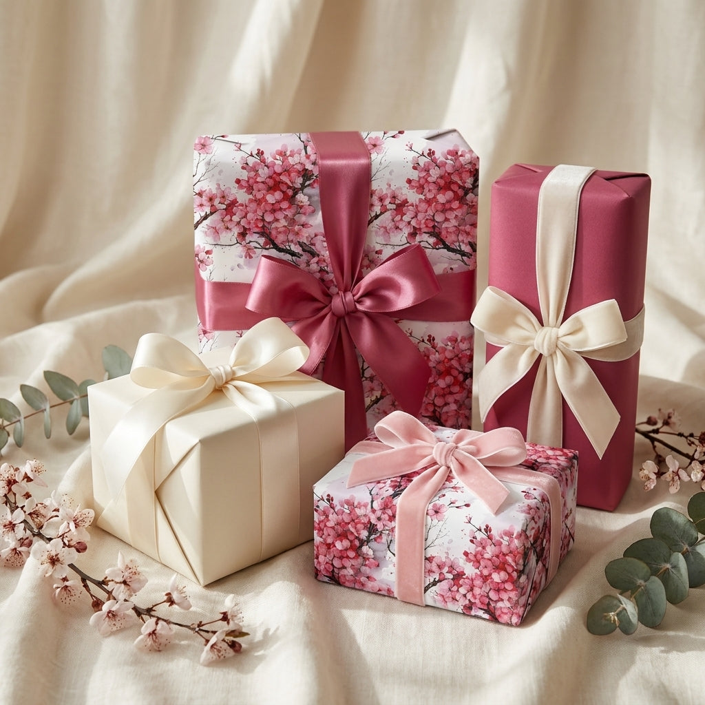Elegant pink cherry blossom floral wrapping paper and luxury gift wrap by Wrapped Studios.