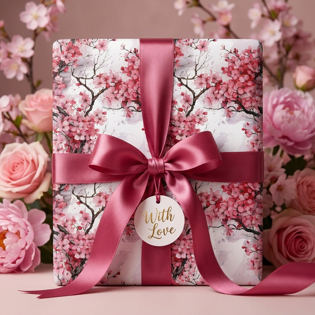 Cherry blossom floral wrapping paper with a pink satin ribbon and 'With Love' tag by Wrapped Studios.
