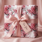 Cherry blossom floral wrapping paper with a pink satin bow and "For You" gift tag by Wrapped Studios.