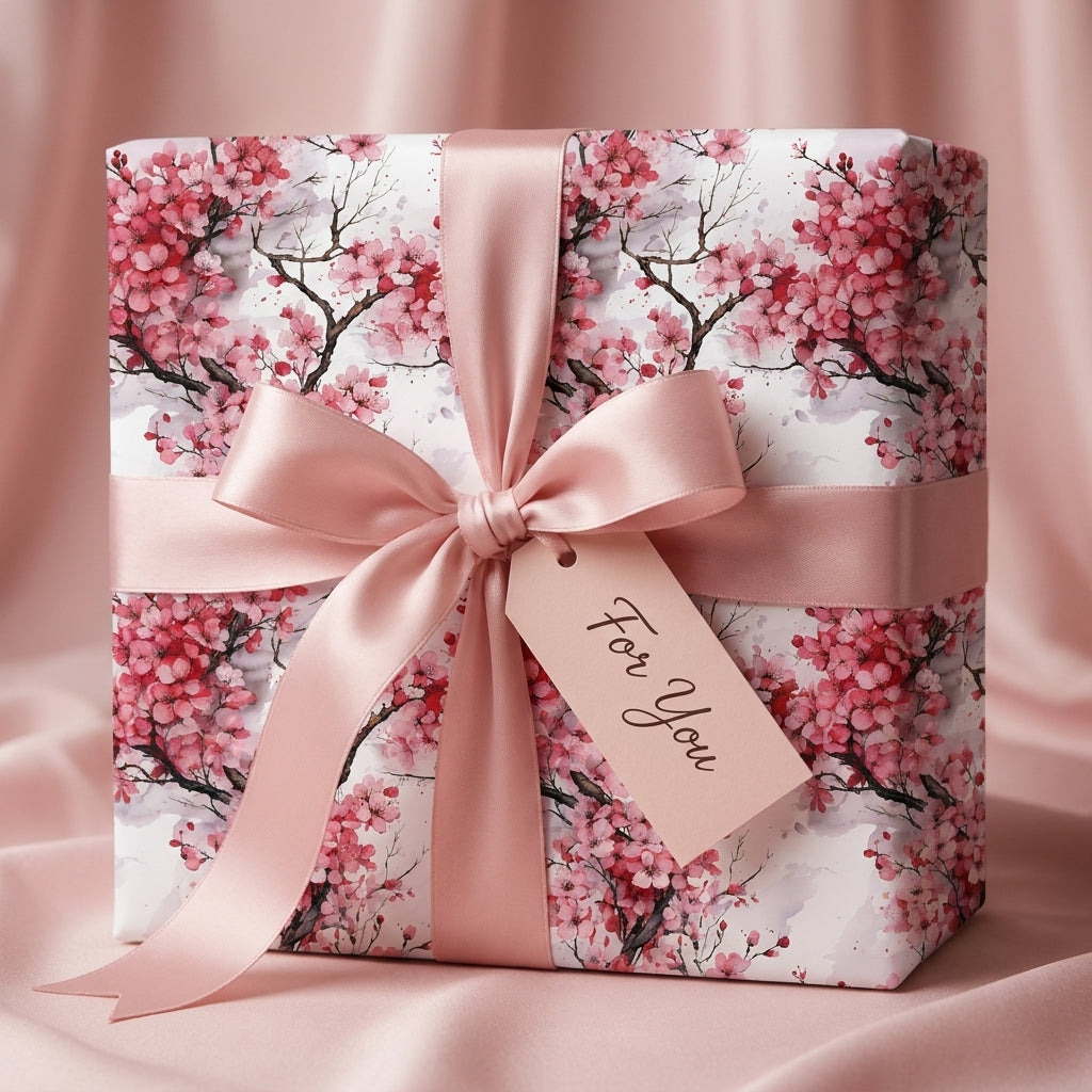 Cherry blossom floral wrapping paper with a pink satin bow and "For You" gift tag by Wrapped Studios.