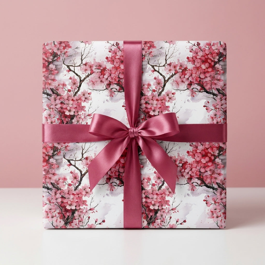 Elegant cherry blossom floral wrapping paper with a pink satin bow on a gift box by Wrapped Studios.