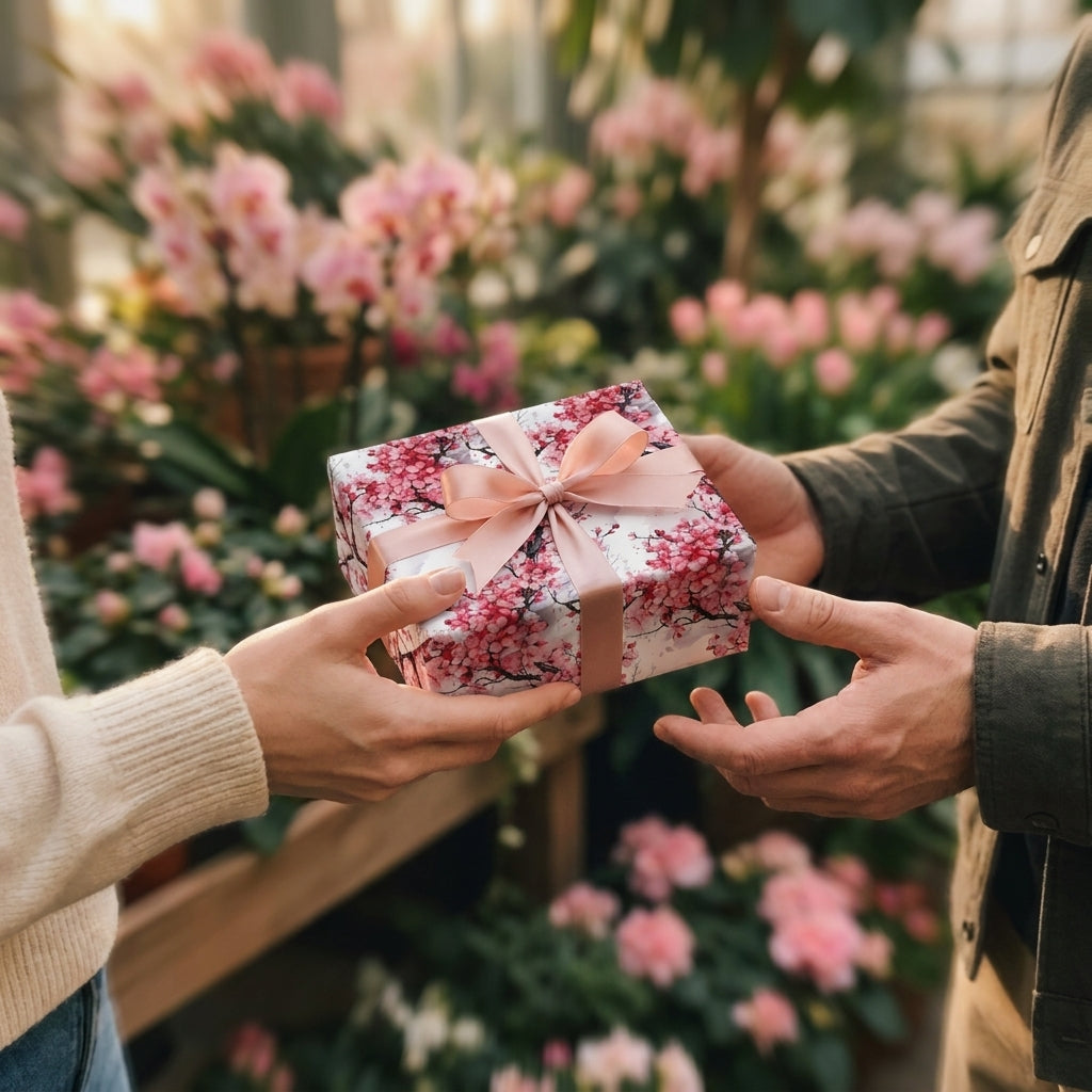 Hands exchanging a gift in pink cherry blossom floral wrapping paper with a bow by Wrapped Studios.