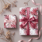 Elegant cherry blossom wrapping paper with pink satin bows on gift boxes by Wrapped Studios.