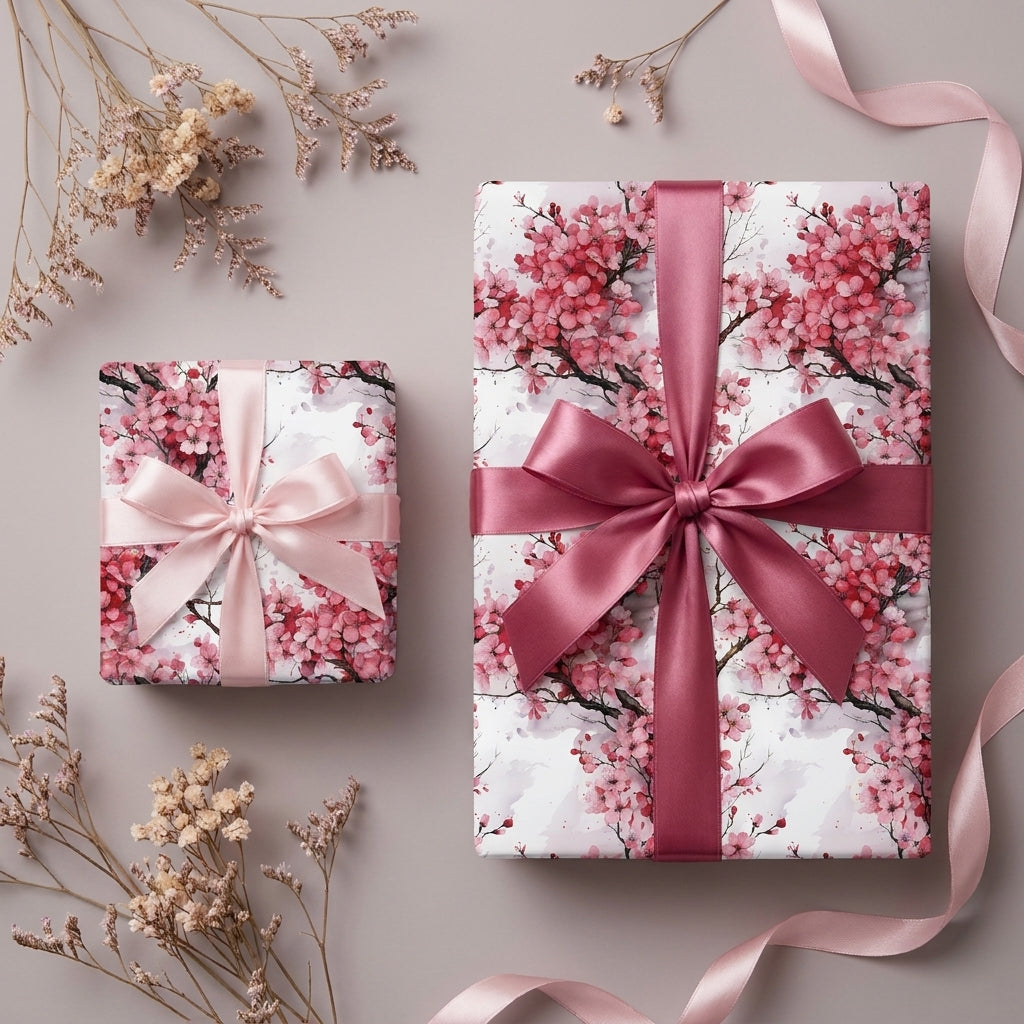 Elegant cherry blossom wrapping paper with pink satin bows on gift boxes by Wrapped Studios.