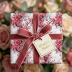 Luxury cherry blossom floral wrapping paper with a pink velvet bow on a gift box, by Wrapped Studios.