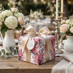 Luxury cherry blossom floral wrapping paper with a champagne bow on a wedding gift, by Wrapped Studios.