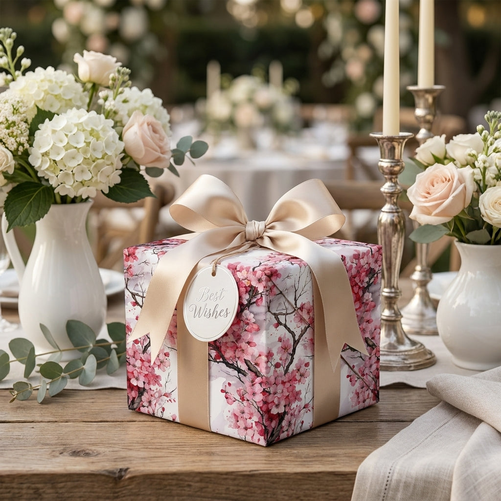Luxury cherry blossom floral wrapping paper with a champagne bow on a wedding gift, by Wrapped Studios.