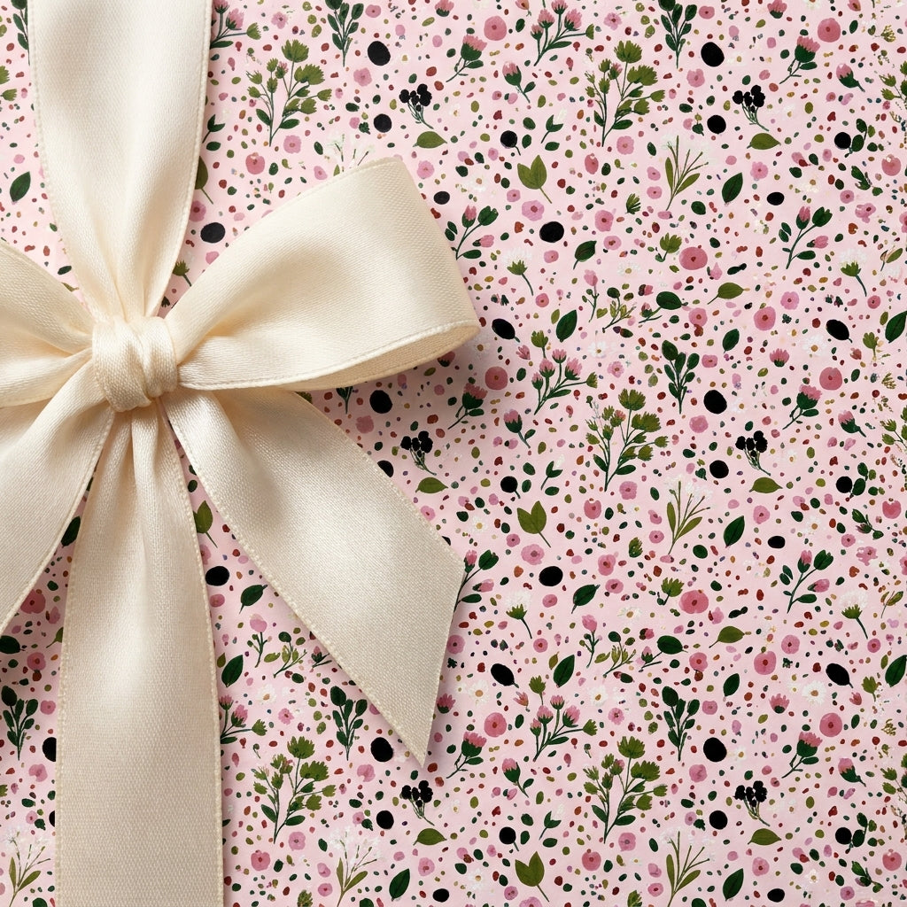 Pink floral wrapping paper with a cream satin bow for elegant birthday gifts by Wrapped Studios.
