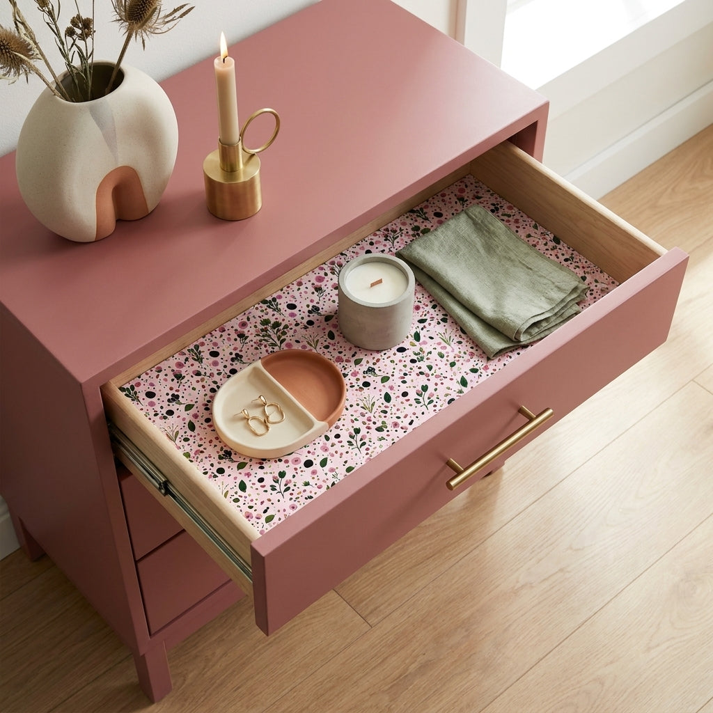 Pink floral wrapping paper used as a modern drawer liner in a mauve dresser by Wrapped Studios.