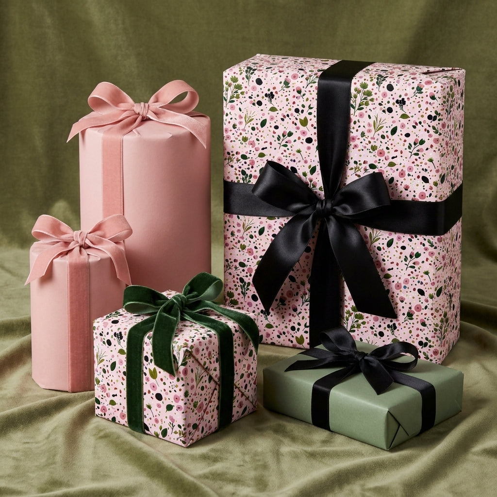 Pink floral wrapping paper and luxury gift wrap with velvet ribbons on green velvet by Wrapped Studios.