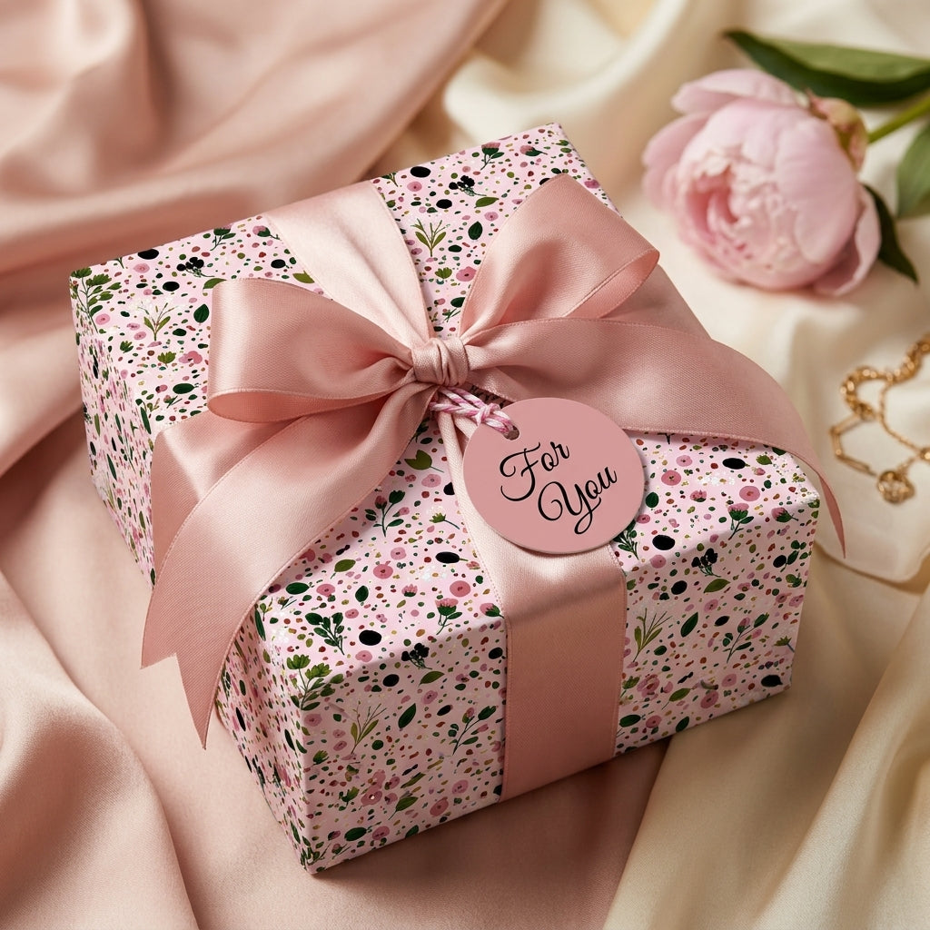 Elegant pink floral wrapping paper with a luxury satin bow by Wrapped Studios, perfect for birthdays.