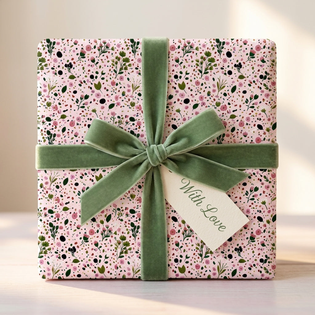 Pink botanical floral wrapping paper with a green velvet bow and 'With Love' gift tag by Wrapped Studios.