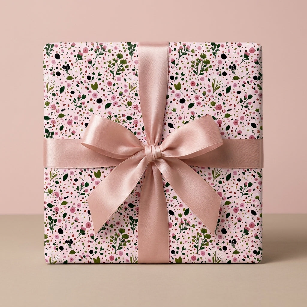 Pink floral wrapping paper with a dusty rose satin ribbon bow on a gift box by Wrapped Studios.