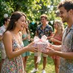 Smiling woman receiving a birthday gift in pink floral wrapping paper by Wrapped Studios.