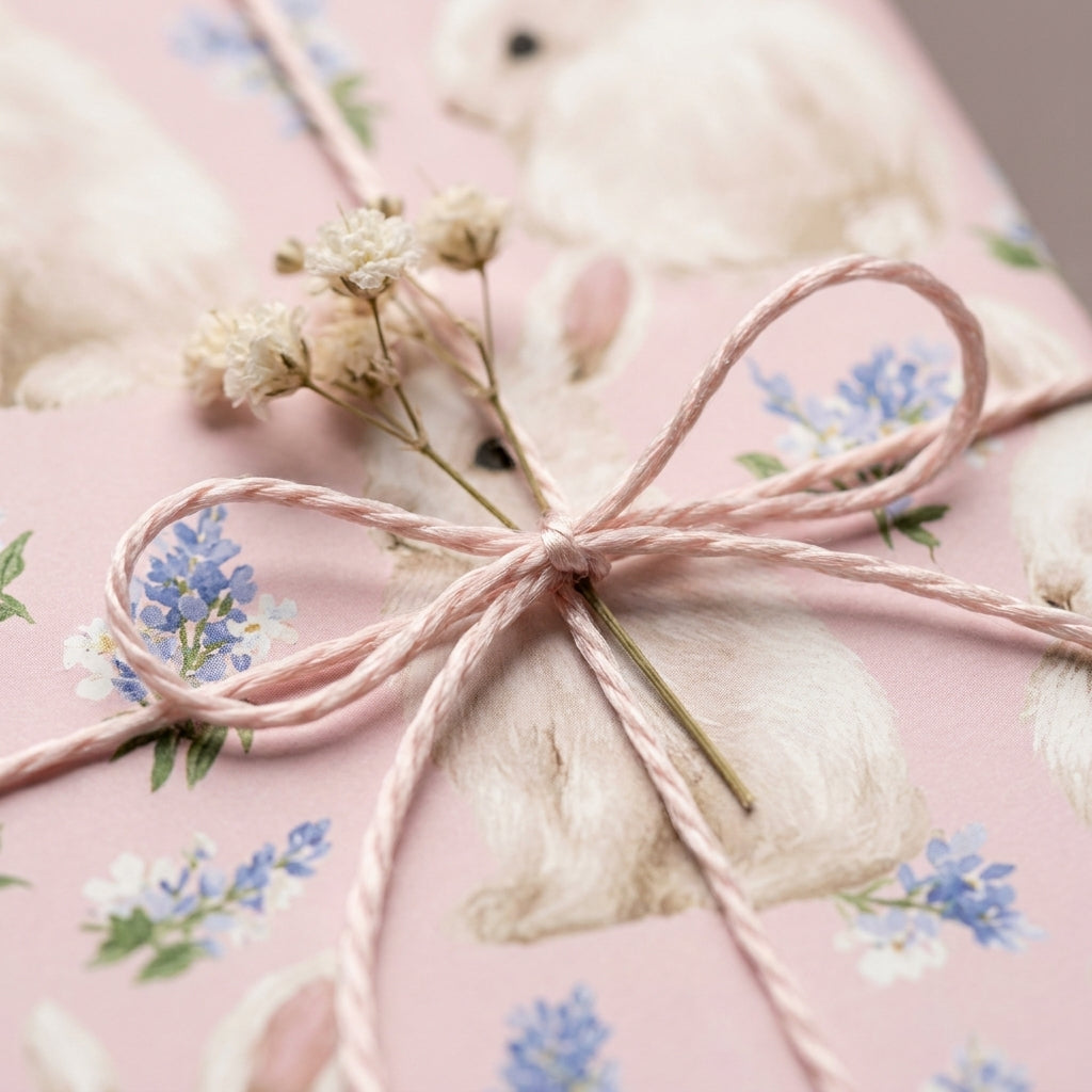 Pink bunny wrapping paper with wildflowers and twine bow, baby shower gift wrap by Wrapped Studios.
