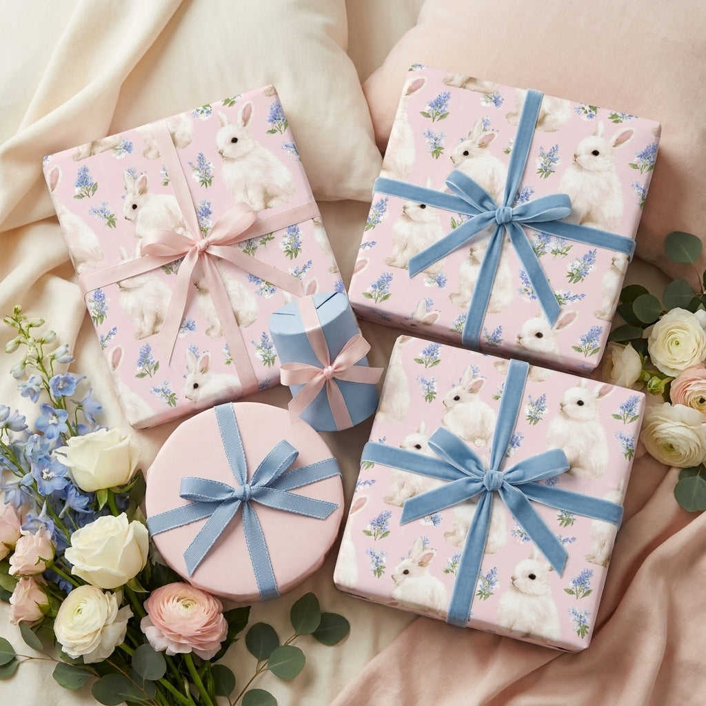 Floral bunny wrapping paper on pastel pink Easter and baby shower gifts by Wrapped Studios.