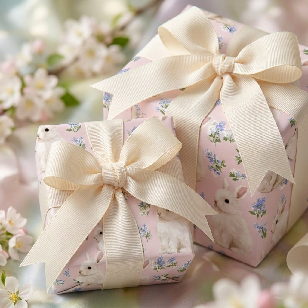 Elegant floral bunny wrapping paper with cream bows for Easter and baby shower gifts by Wrapped Studios.