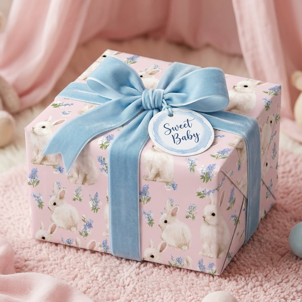 Pink bunny baby shower gift wrap by Wrapped Studios, featuring a blue velvet bow and 'Sweet Baby' tag.