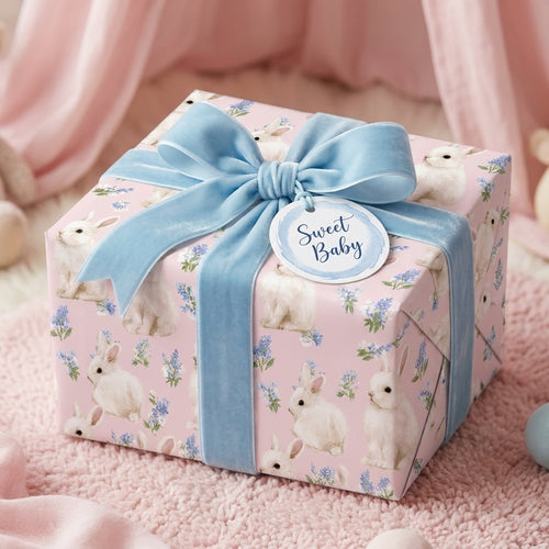 Pink bunny baby shower gift wrap by Wrapped Studios, featuring a blue velvet bow and 'Sweet Baby' tag.