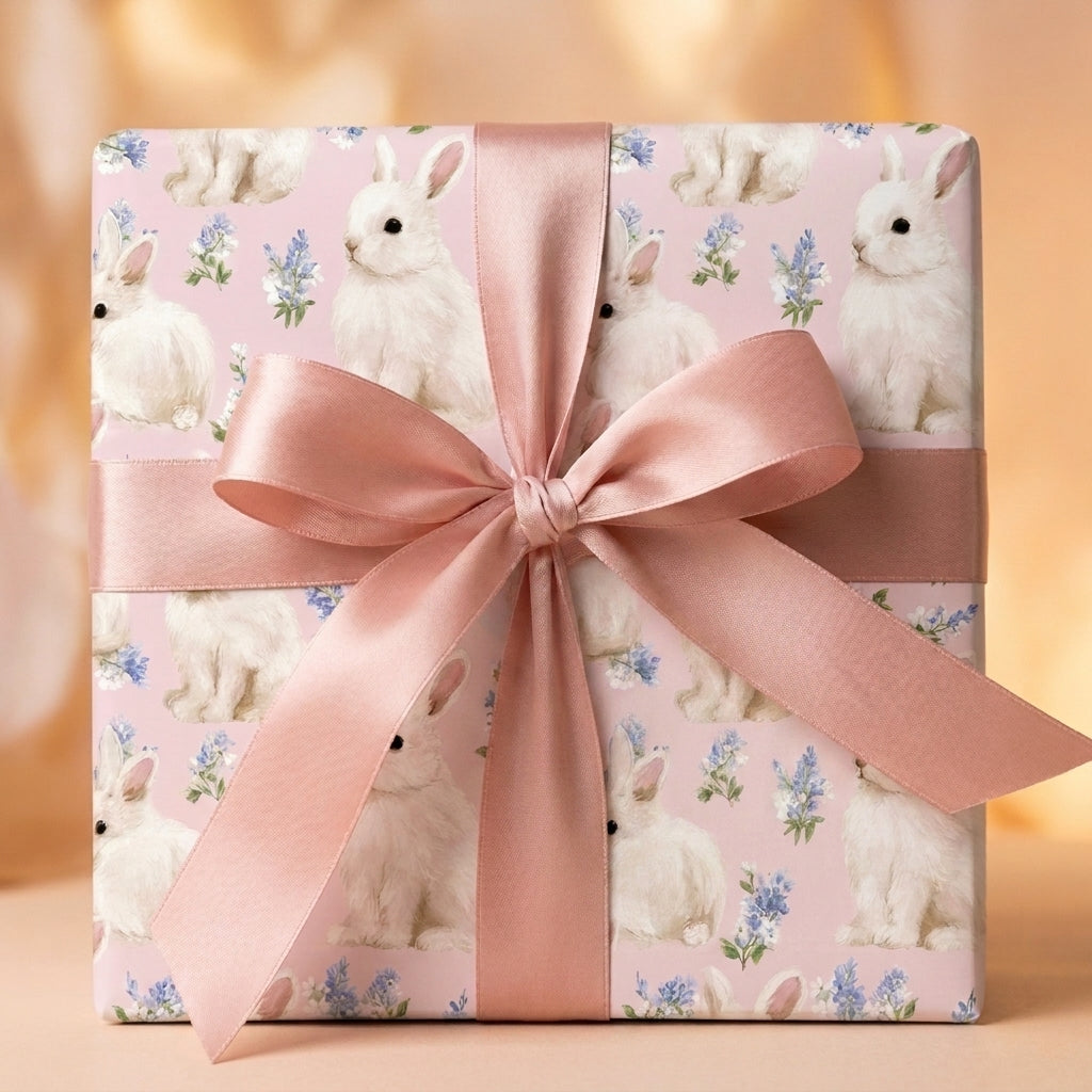 Pink bunny wrapping paper with a dusty rose bow, ideal for baby shower or Easter gifts by Wrapped Studios.