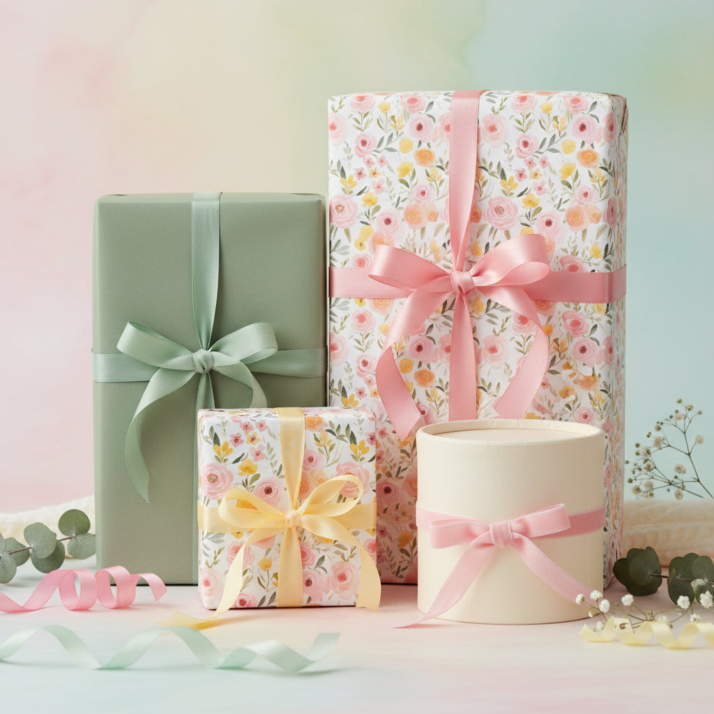 Elegant floral wrapping paper on gifts with pastel ribbons, perfect for birthdays or baby showers.