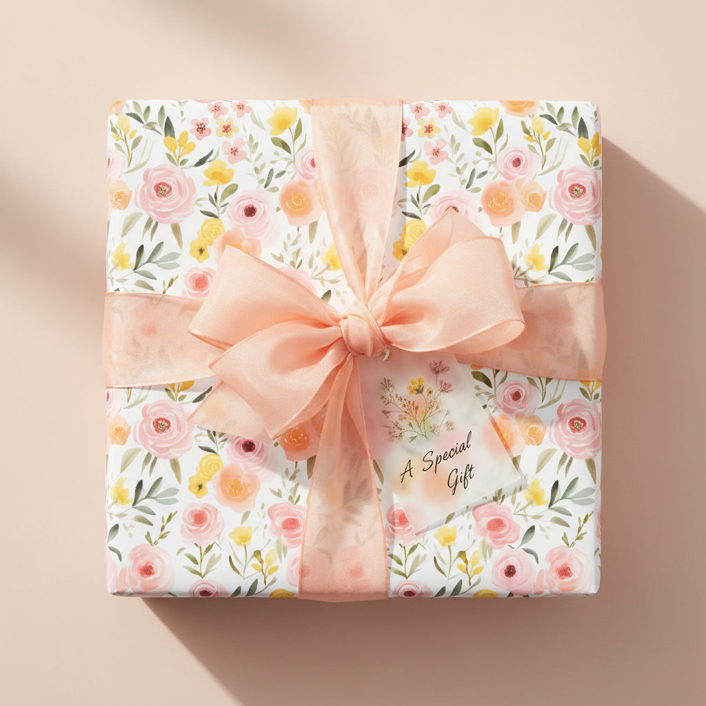 Square gift wrapped in floral birthday wrapping paper with peach ribbon and a tag "A Special Gift."