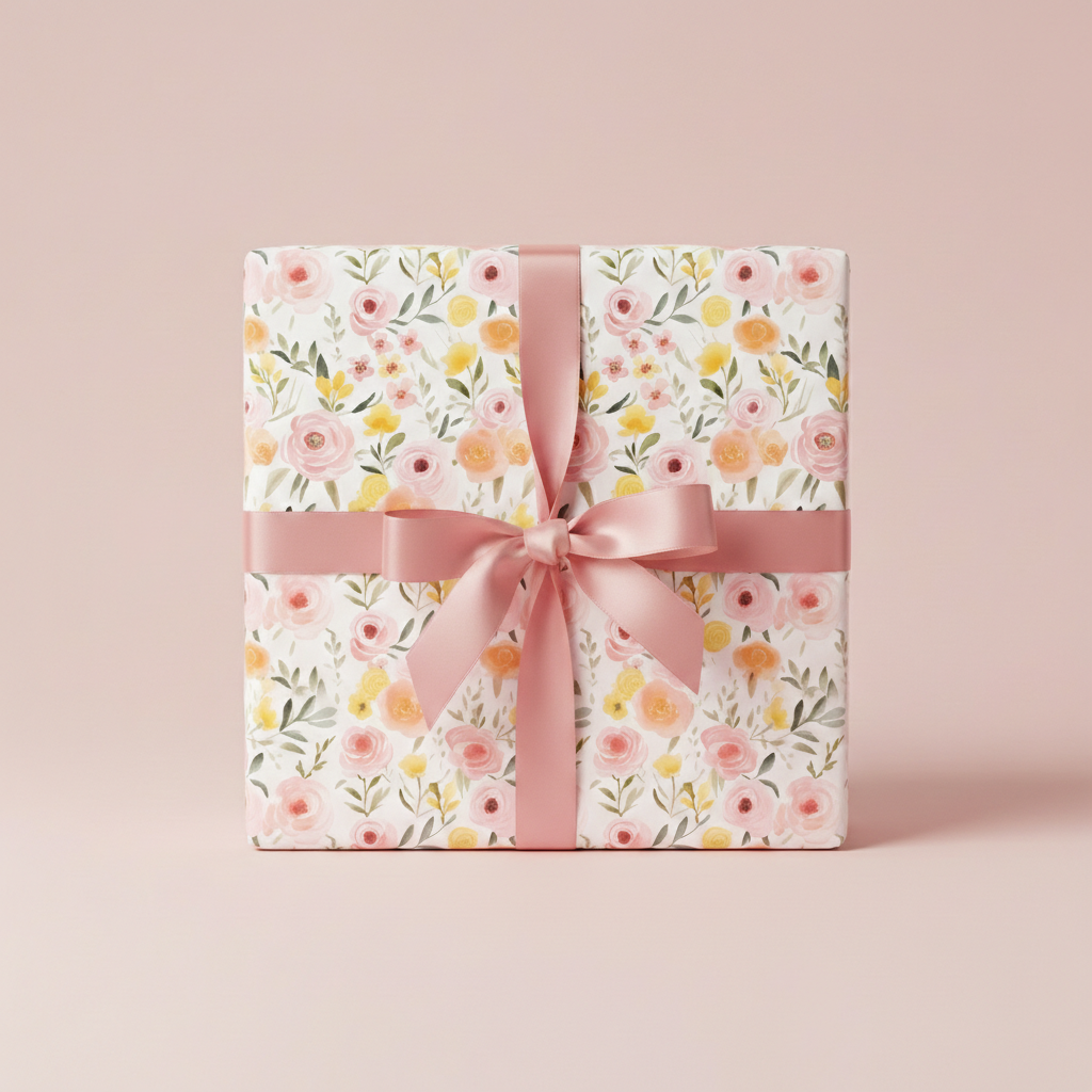 Gift wrapped in watercolor floral wrapping paper with a pink satin ribbon.
