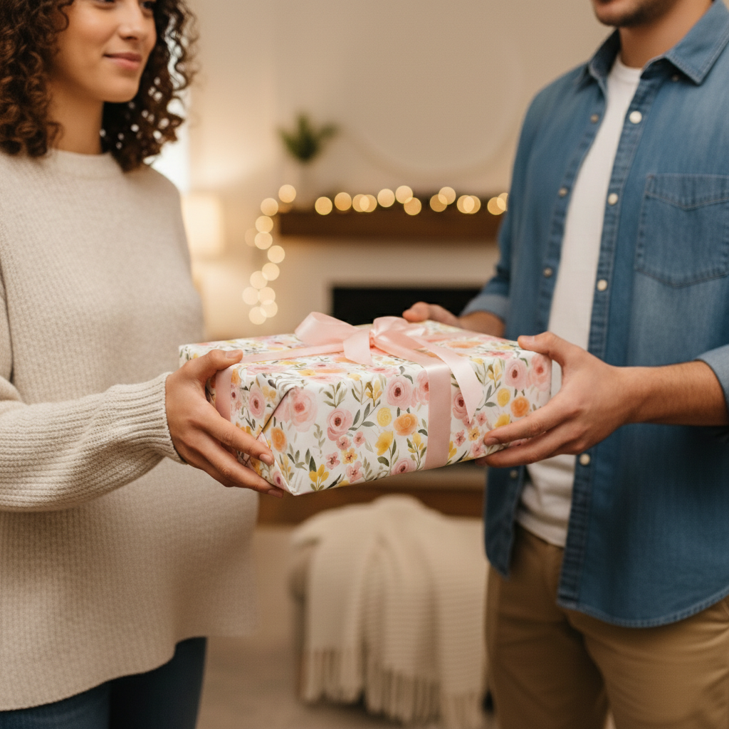 Man presents Wrapped Studios floral wrapping paper with pink ribbon in cozy home setting.