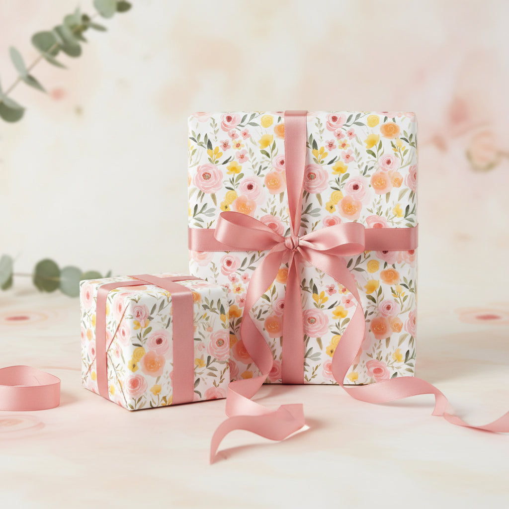 Floral wrapping paper on gifts tied with pink ribbon from Wrapped Studios.