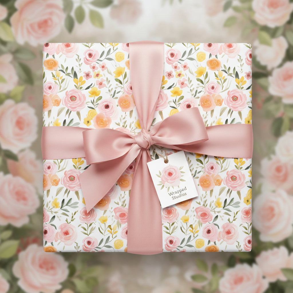Square gift wrapped in floral wrapping paper with a pink satin bow. Wrapped Studios.