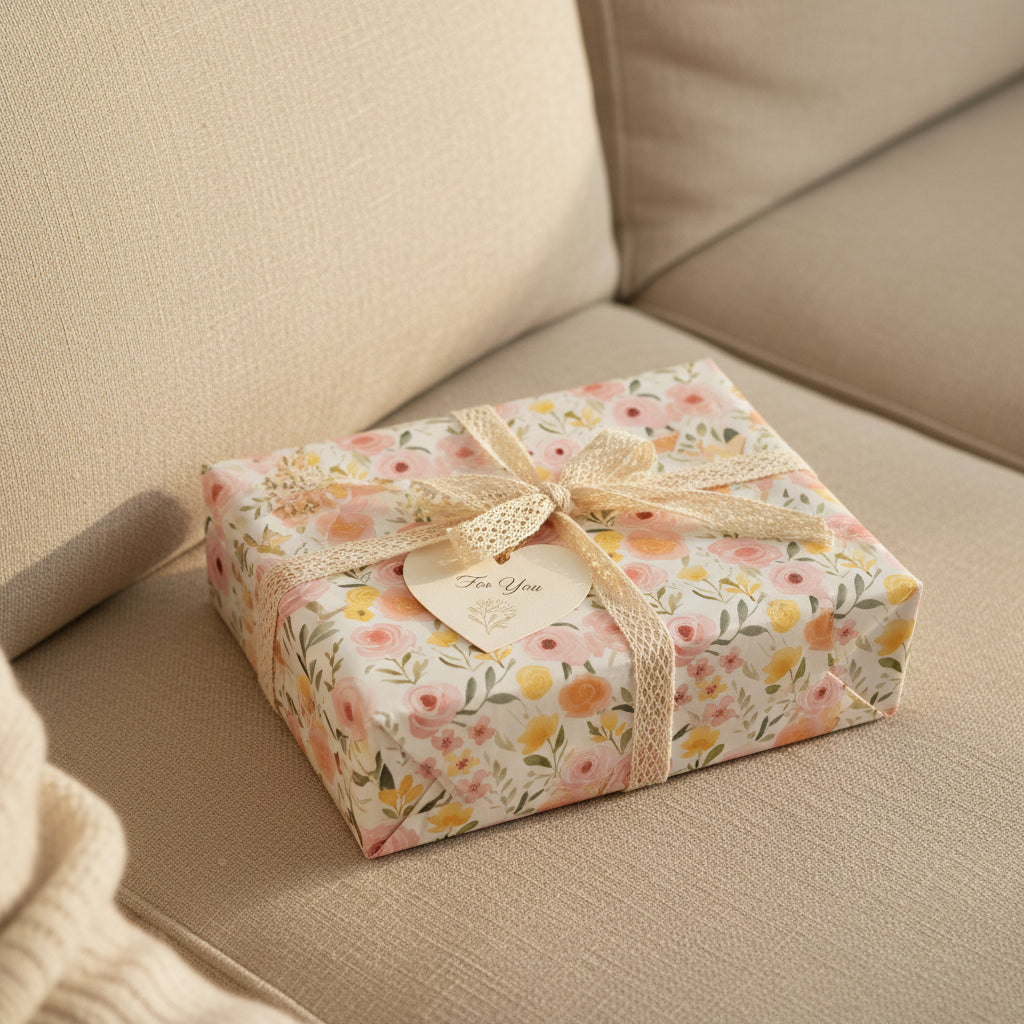 Floral wrapping paper on a gift box tied with a delicate lace ribbon, from Wrapped Studios.