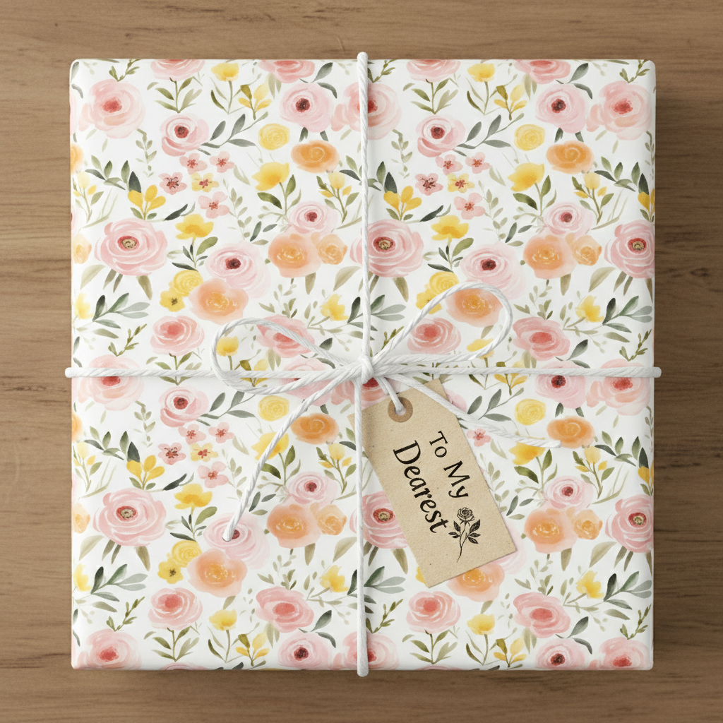 Elegant floral wrapping paper with pink roses, tied with a string bow and a "To My Dearest" tag.