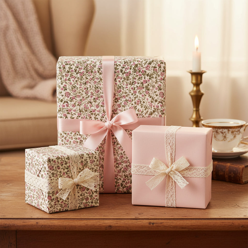 Elegant gifts wrapped in pink floral wrapping paper with ribbon and lace accents.