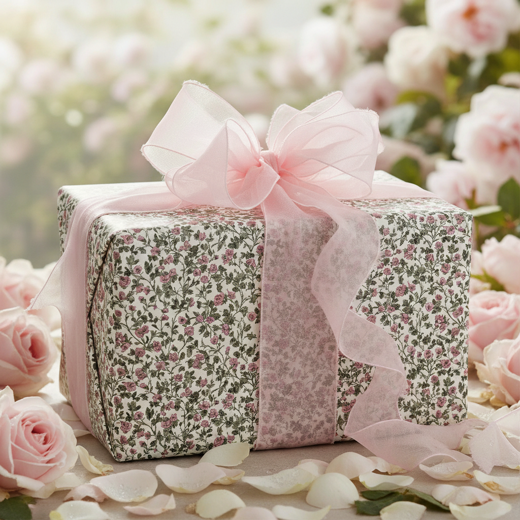 Elegant gift wrapped in vintage floral wrapping paper with pink ribbon and bow.