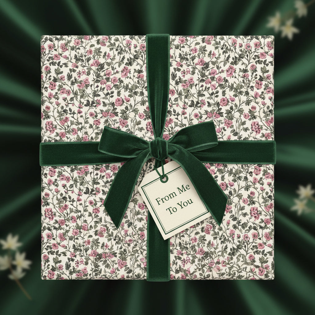Square gift box in floral wrapping paper with green velvet ribbon and "From Me To You" tag.
